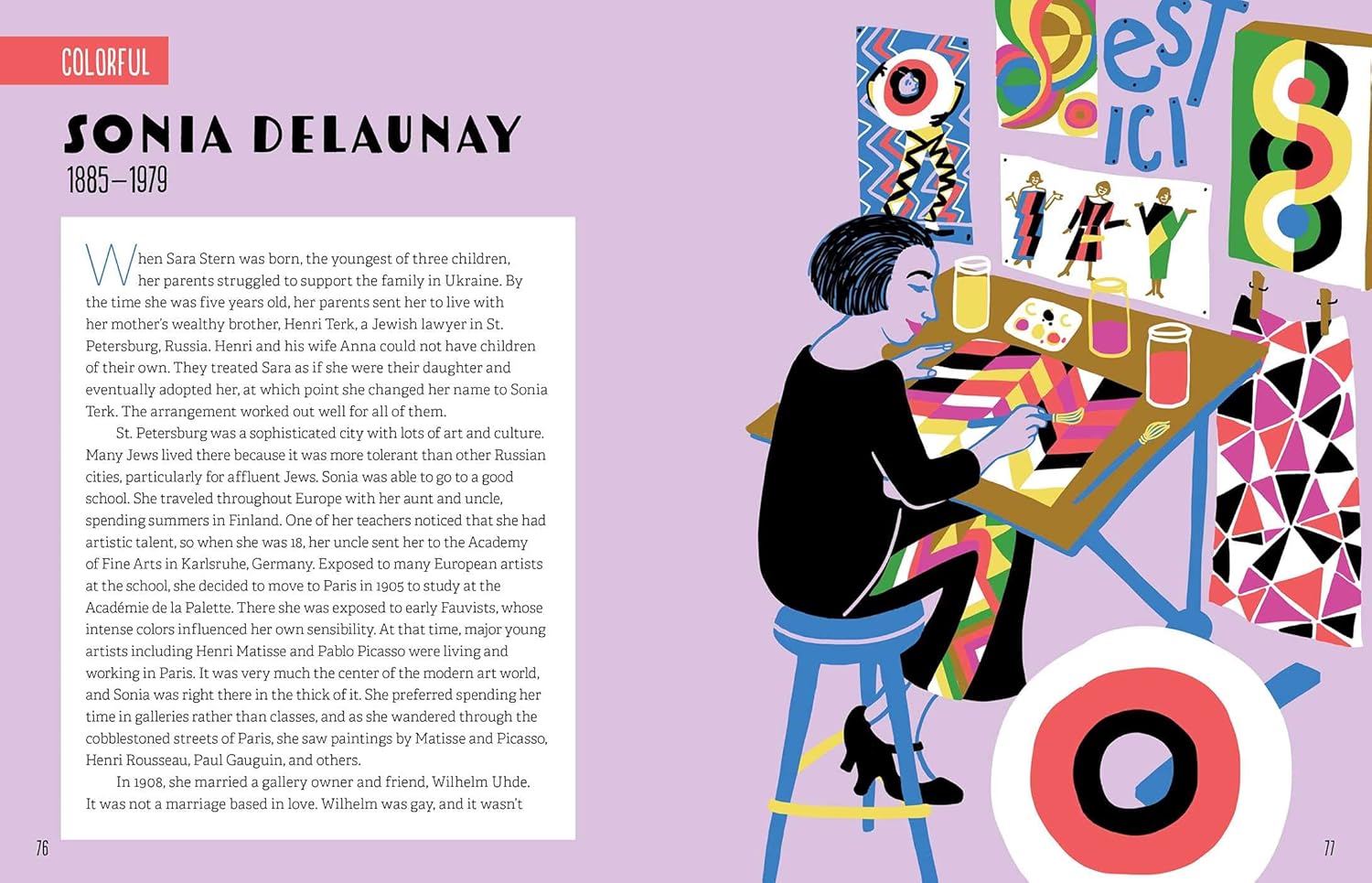 Illustration of an artist at a desk with colorful art pieces around, featuring text about Sonia Delaunay.