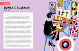 Illustration of an artist at a desk with colorful art pieces around, featuring text about Sonia Delaunay.