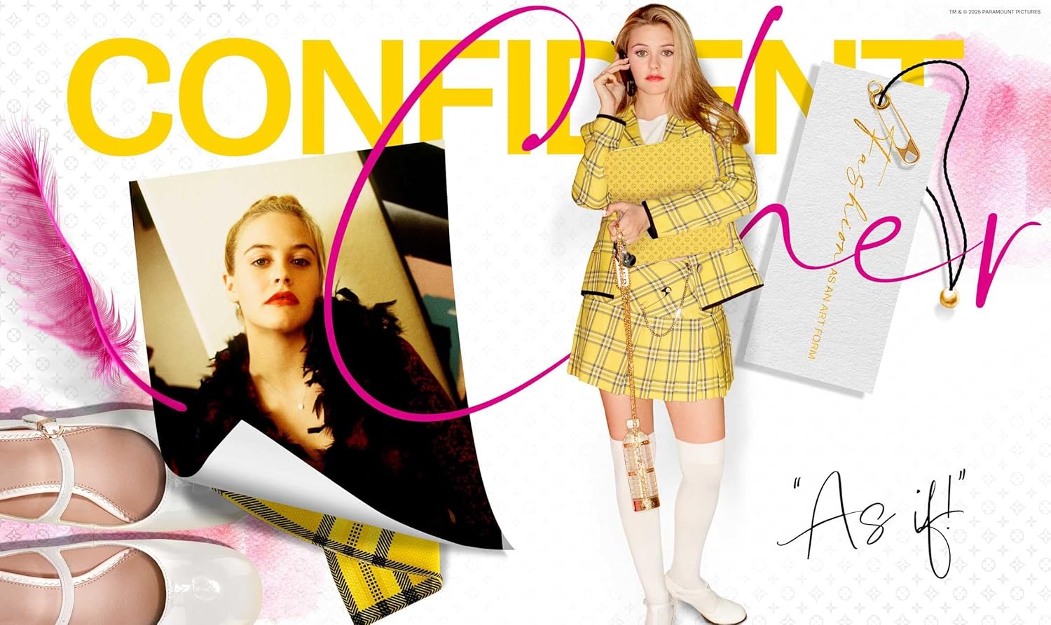 Woman in yellow plaid outfit with accessories and text on a colorful background