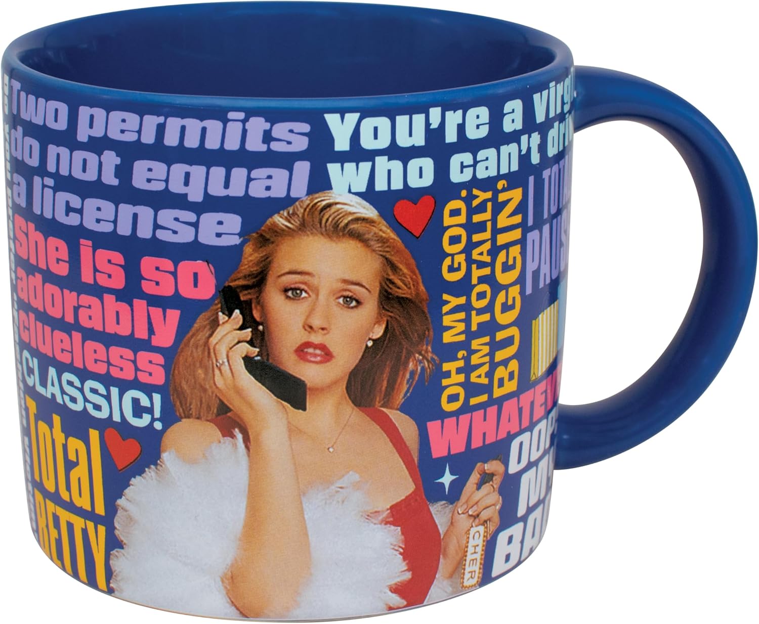 Blue mug with a graphic of a woman on a phone and text, featuring a famous quote. Celebrate the 90s with our Clueless Coffee Mug! Officially licensed, it showcases memorable quotes and comes in a fun gift box. Perfect for any cinephile!