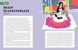 Book page about Helen Frankenthaler with text and illustration of a woman painting.