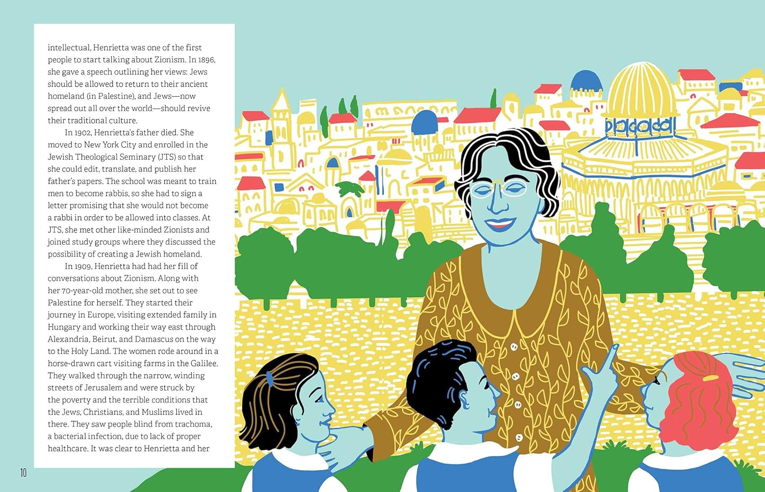 Illustration of a woman with children in an urban setting, possibly a cityscape with buildings and greenery.