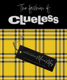 Book cover of 'The fashion of Clueless' with yellow plaid pattern and black tag. The Fashion of Clueless (1995) Anniversary Edition Movie Costume & Makeup Book from The Academy Museum Store Los Angeles.