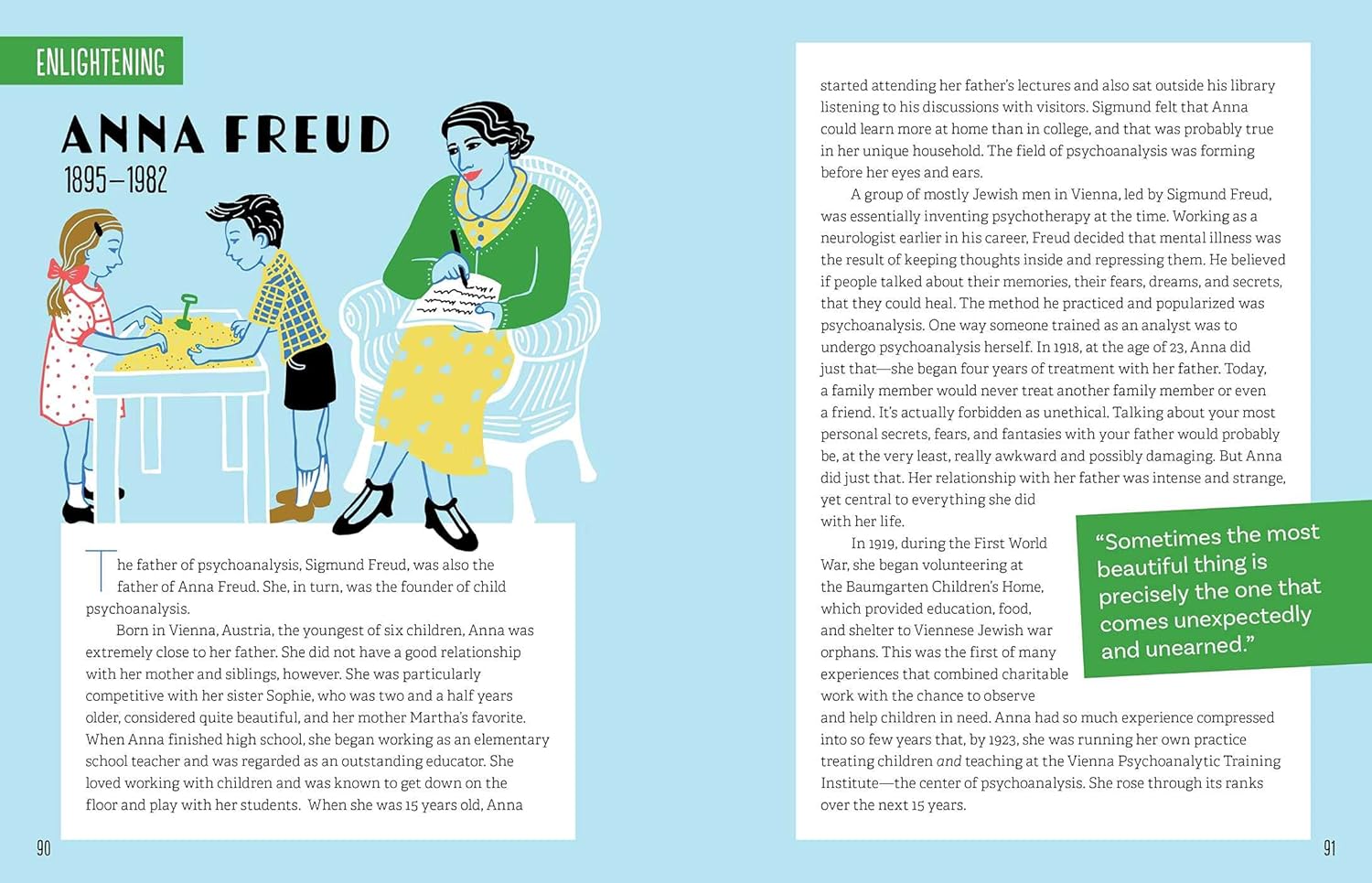 Illustrated book page about Anna Freud with text and graphics on a blue background