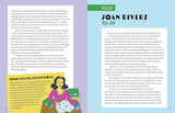 Book page with text about Joan Rivers, featuring a colorful illustration of a woman holding a newspaper.