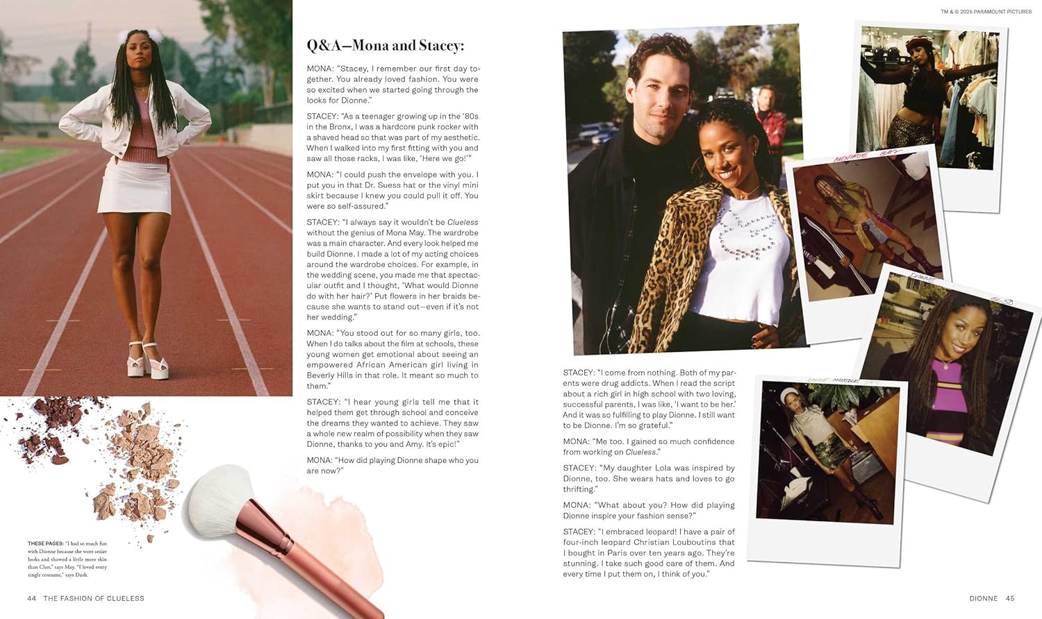 Magazine layout with a woman on a track, text, and photos of a couple and people outdoors.