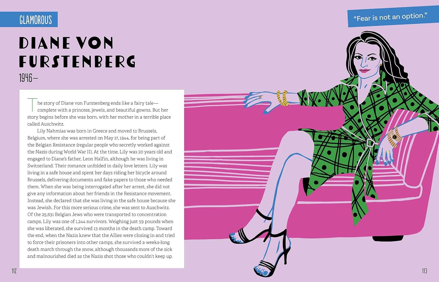 Illustration of a woman in a green dress sitting on a pink couch with text about Diane von Furstenberg.