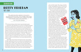 Book page with text about Betty Friedan and an illustration of a woman holding a book.