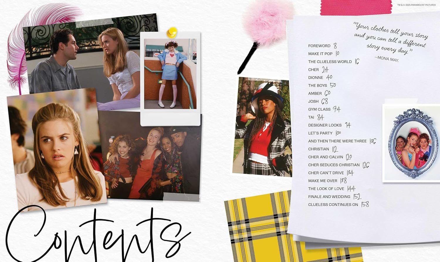Collection of photos and a letter with text on a white background. The Fashion of Clueless (1995) Anniversary Edition Movie Costume & Makeup Book from The Academy Museum Store Los Angeles.