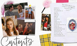 Collection of photos and a letter with text on a white background. The Fashion of Clueless (1995) Anniversary Edition Movie Costume & Makeup Book from The Academy Museum Store Los Angeles.
