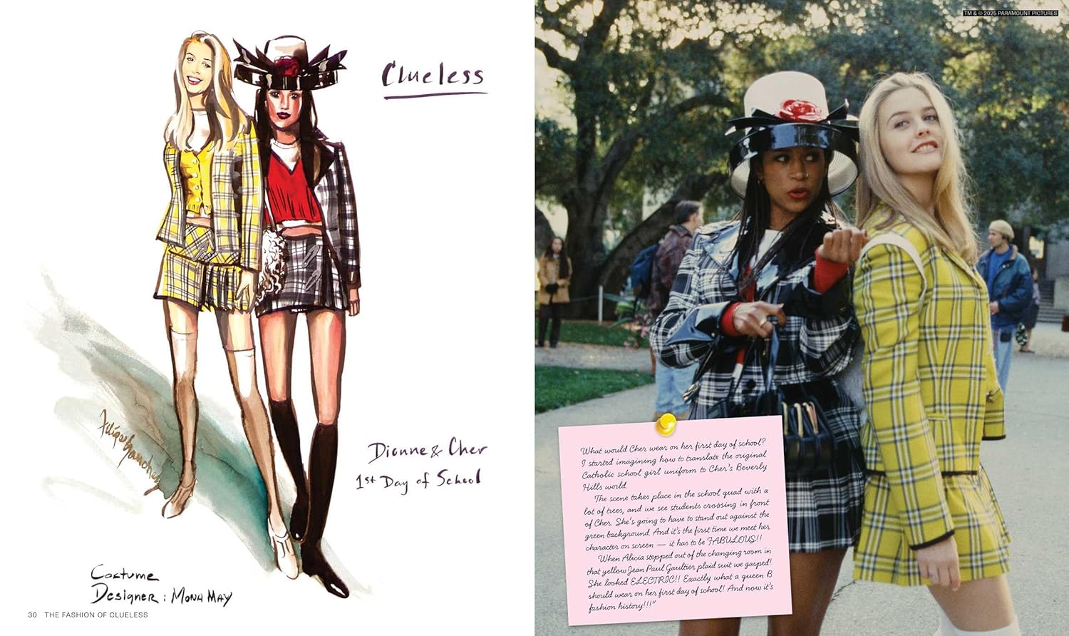 Illustration of a fashion design with text and two women in plaid outfits outdoors. Cher & Dionne from Clueless (1995) The Fashion of Clueless (1995) Anniversary Edition Movie Costume & Makeup Book from The Academy Museum Store Los Angeles.