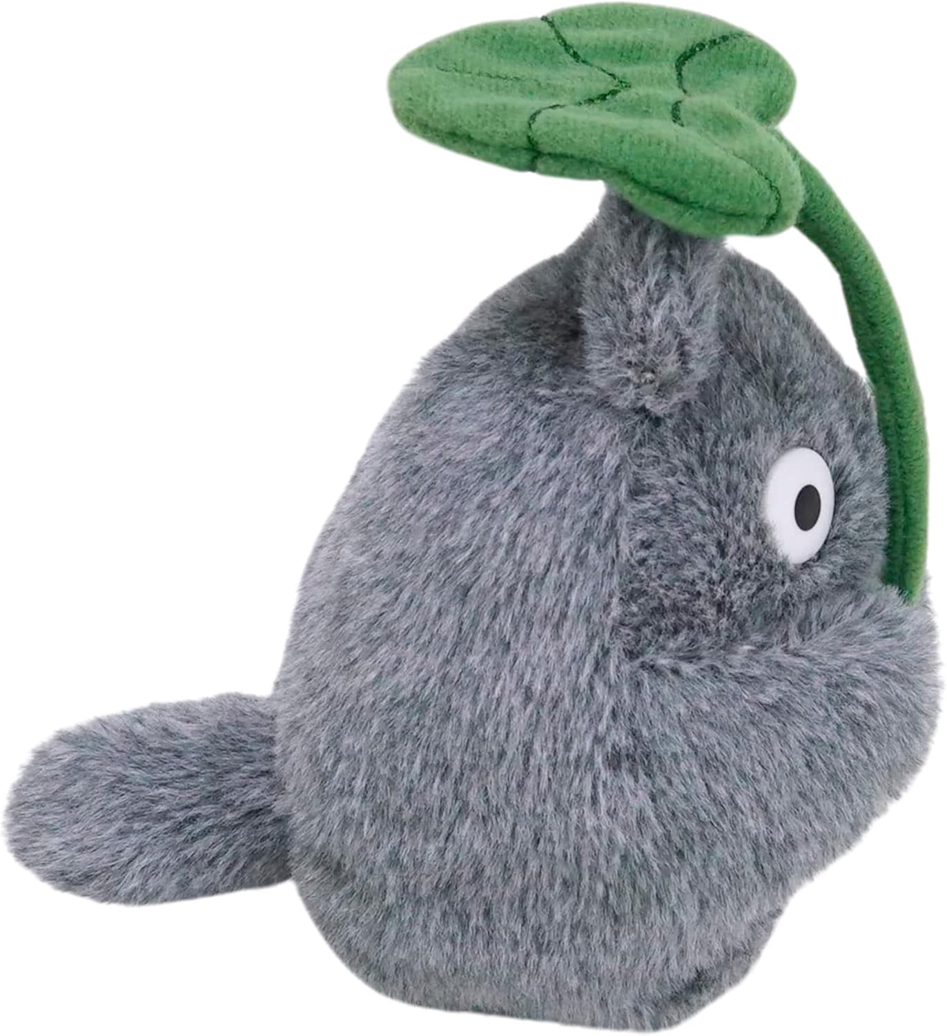 Plush toy resembling a gray creature with a green leaf on a white background