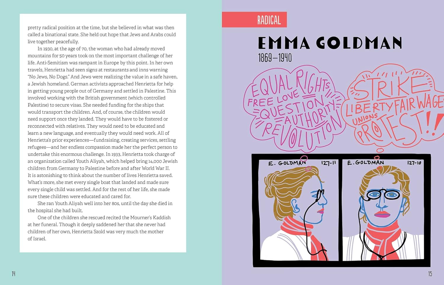 Book page with text about Emma Goldman, illustrations, and a portrait of a woman.