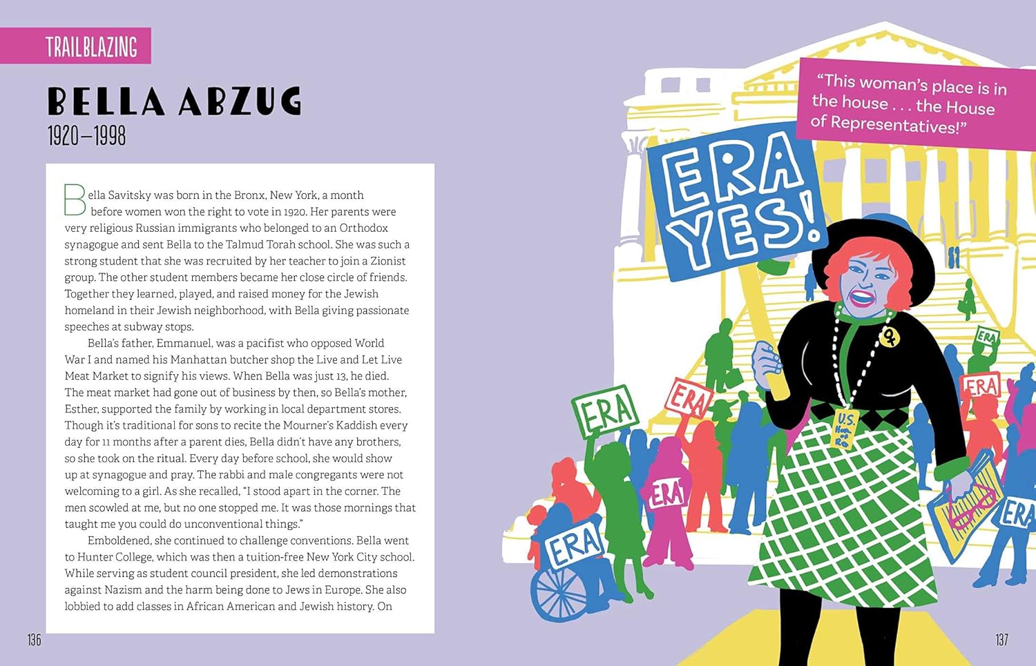 Illustration of Bella Abzug with 'ERA YES!' sign and supporters, on a purple background.