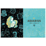 Aquarius zodiac design with astrological symbols and a person in a blue outfit on a black background.