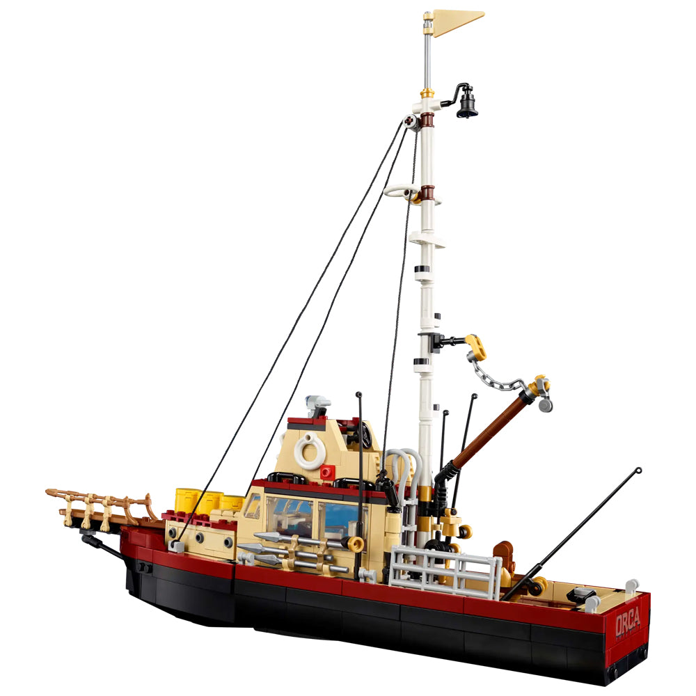 Model ship made of interlocking bricks on a white background Jaws (1975) 50th Anniversary Lego Set