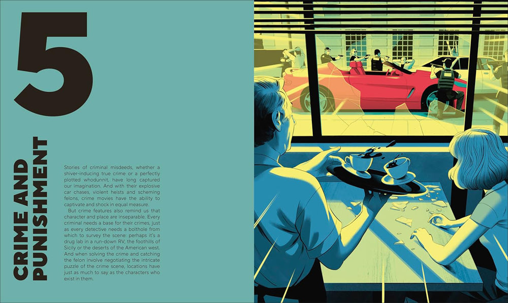 Illustration of two people at a table with a car outside a window, labeled '5 Crime and Punishment'.