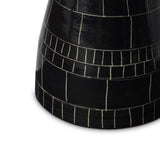 Black ceramic vase with white line pattern on a white background Explore the artistry of Wayne Perry with this 6in black and white ceramic vase. Handcrafted and signed, each piece showcases unique sgraffito techniques and film strip inspiration.