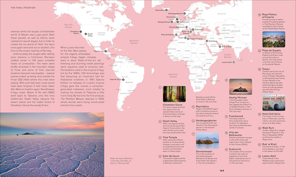 World map on a pink background with travel destinations and images.