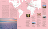 World map on a pink background with travel destinations and images.
