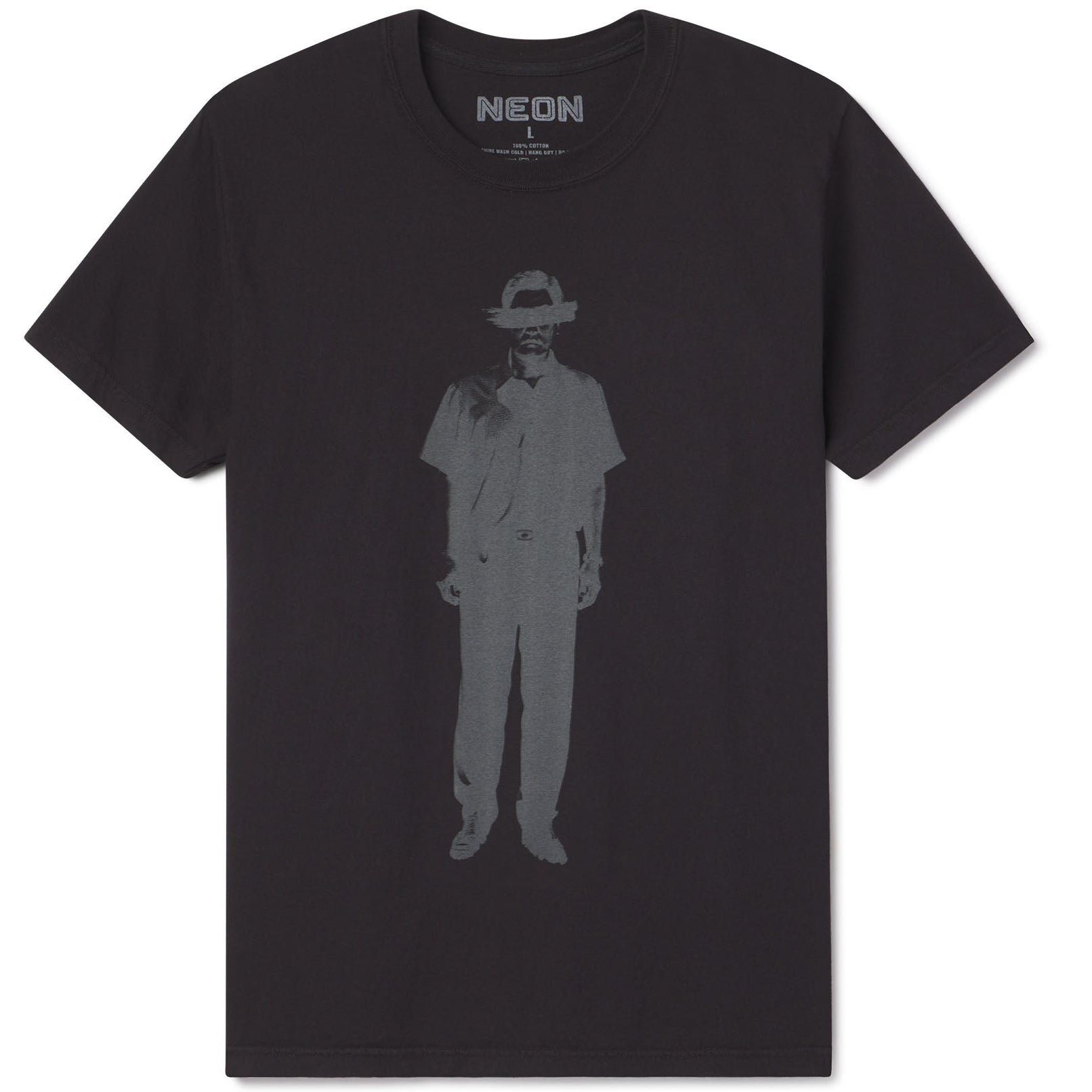 Black t-shirt with a graphic of a person wearing a hat and sunglasses, branded 'NEON' image of Mr. Kim from the Oscar winning movie PARASITE