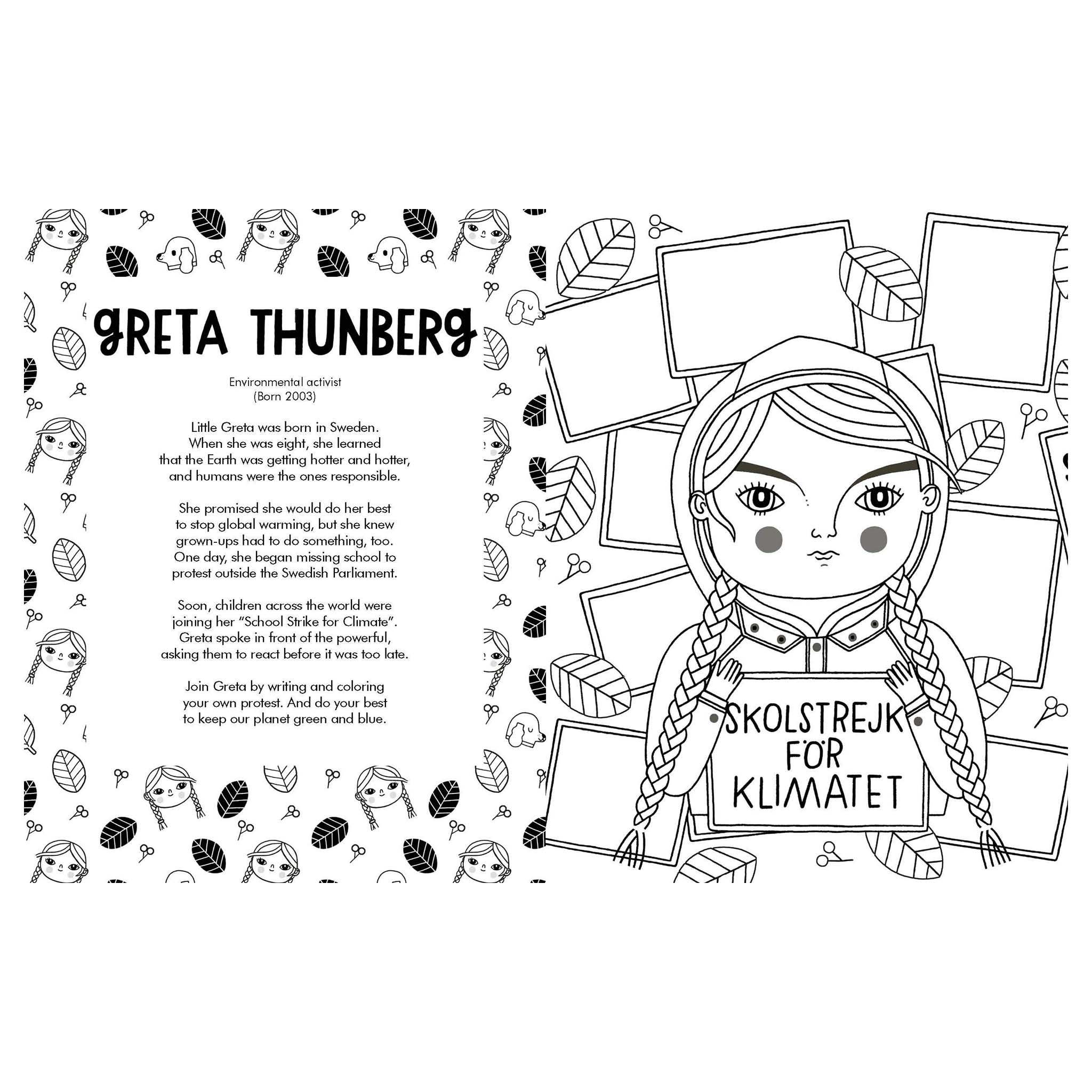 Coloring page of Greta Thunberg with text and illustrations on a white background