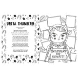 Coloring page of Greta Thunberg with text and illustrations on a white background