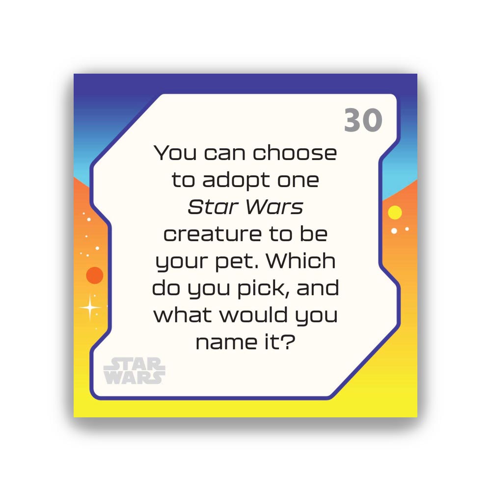 Star Wars-themed card with text asking about adopting a creature as a pet