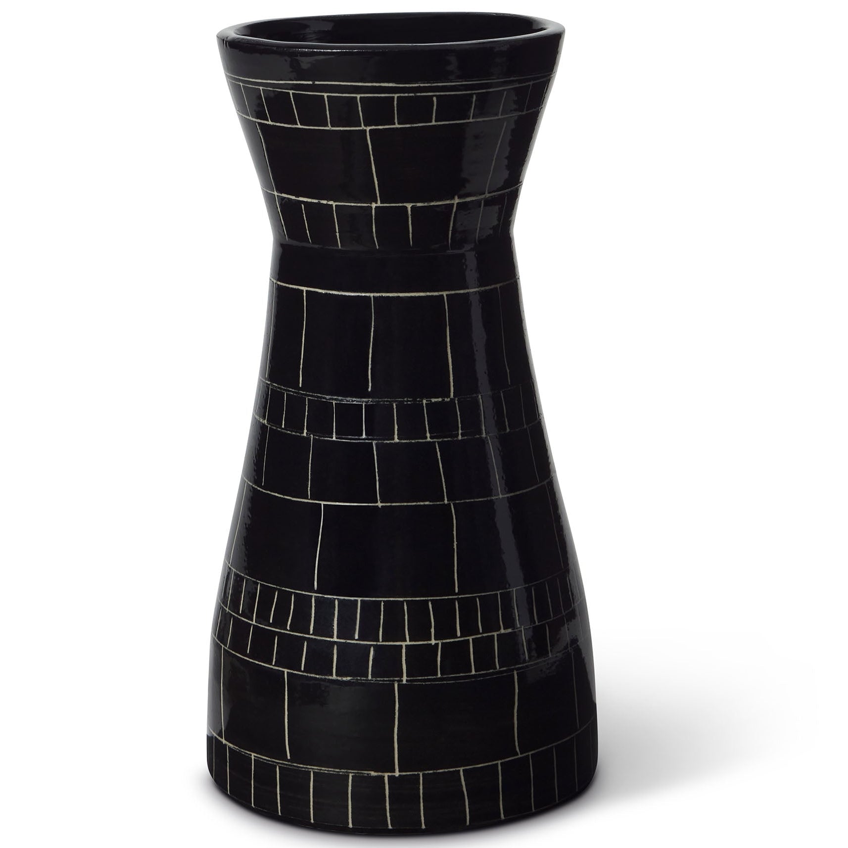 Black mosaic vase on a white background Explore the artistry of Wayne Perry with this 6in black and white ceramic vase. Handcrafted and signed, each piece showcases unique sgraffito techniques and film strip inspiration.