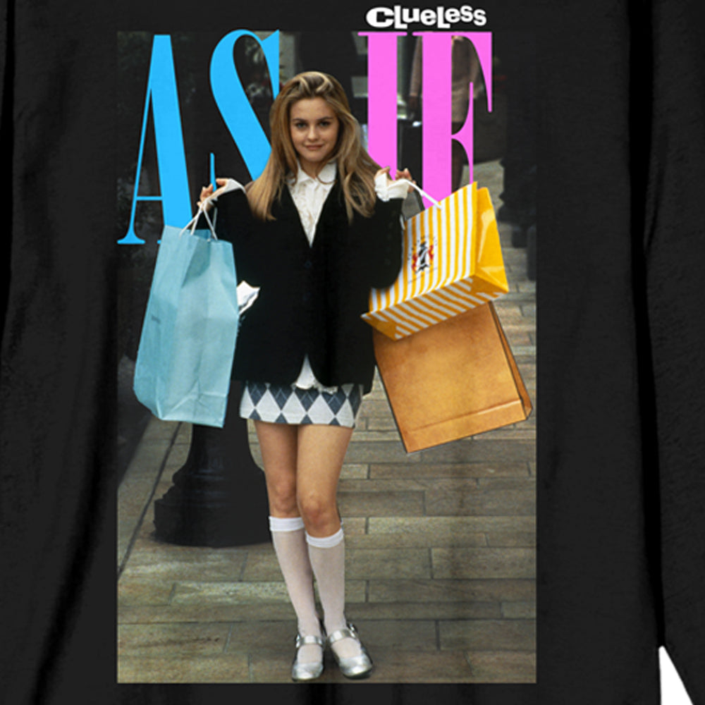 T-shirt with a character from 'Clueless' holding shopping bags on a black background