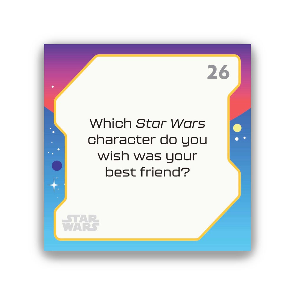 Star Wars-themed card with question about favorite character on a white background