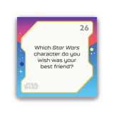 Star Wars-themed card with question about favorite character on a white background
