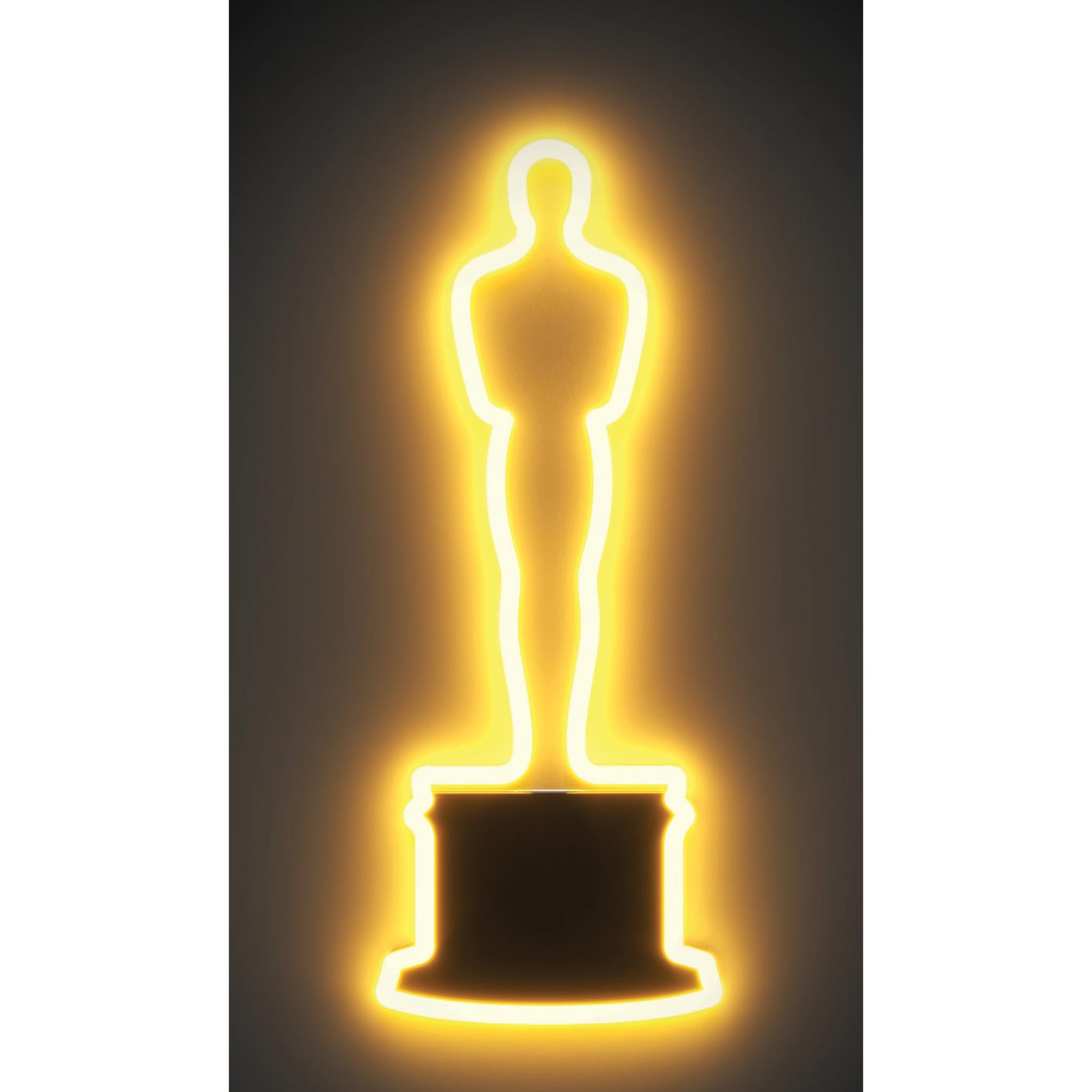 Neon yellow outline of an Oscar statue on a black background Neon Oscar Statue Sign the Academy Awards Show official Oscars Logo Merchandise