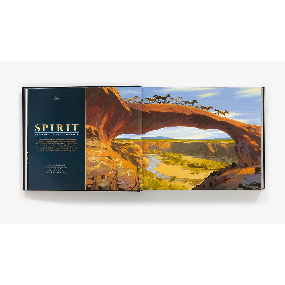 Open book showing a landscape illustration with arches and animals, titled 'Spirit'.