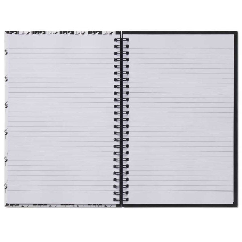 Open notebook with lined pages on a white background