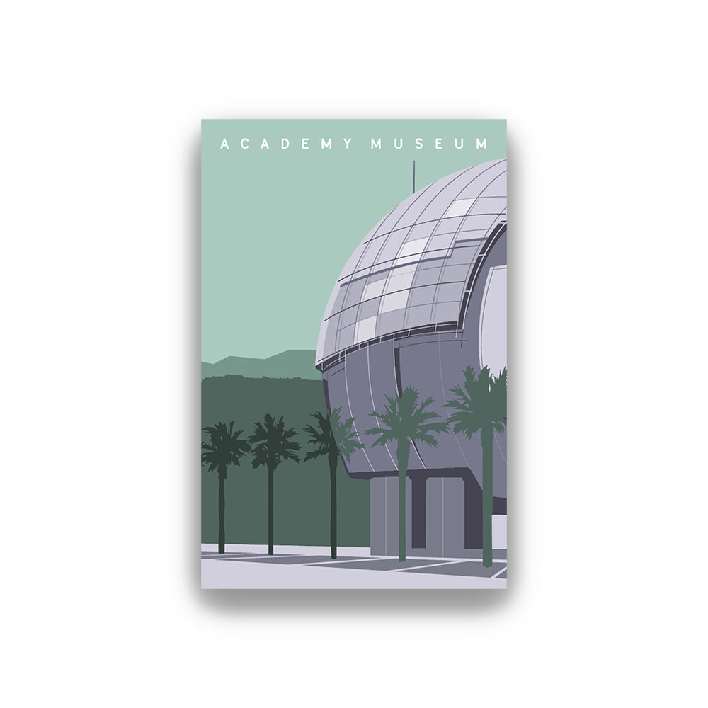 Poster of Academy Museum with a dome building and palm trees on a light green background