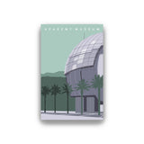 Poster of Academy Museum with a dome building and palm trees on a light green background