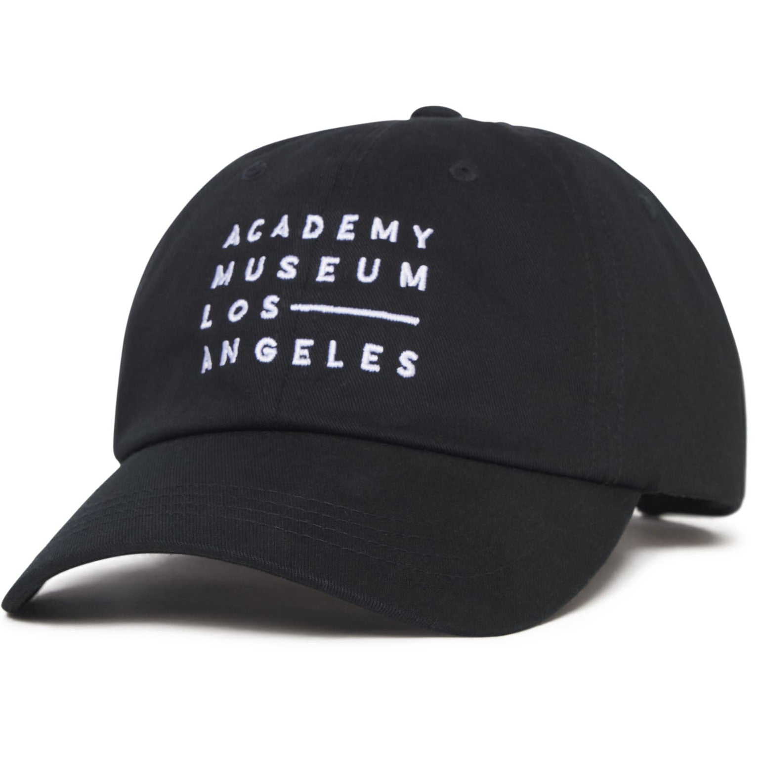 Black cap with 'Academy Museum Los Angeles' text on a white background