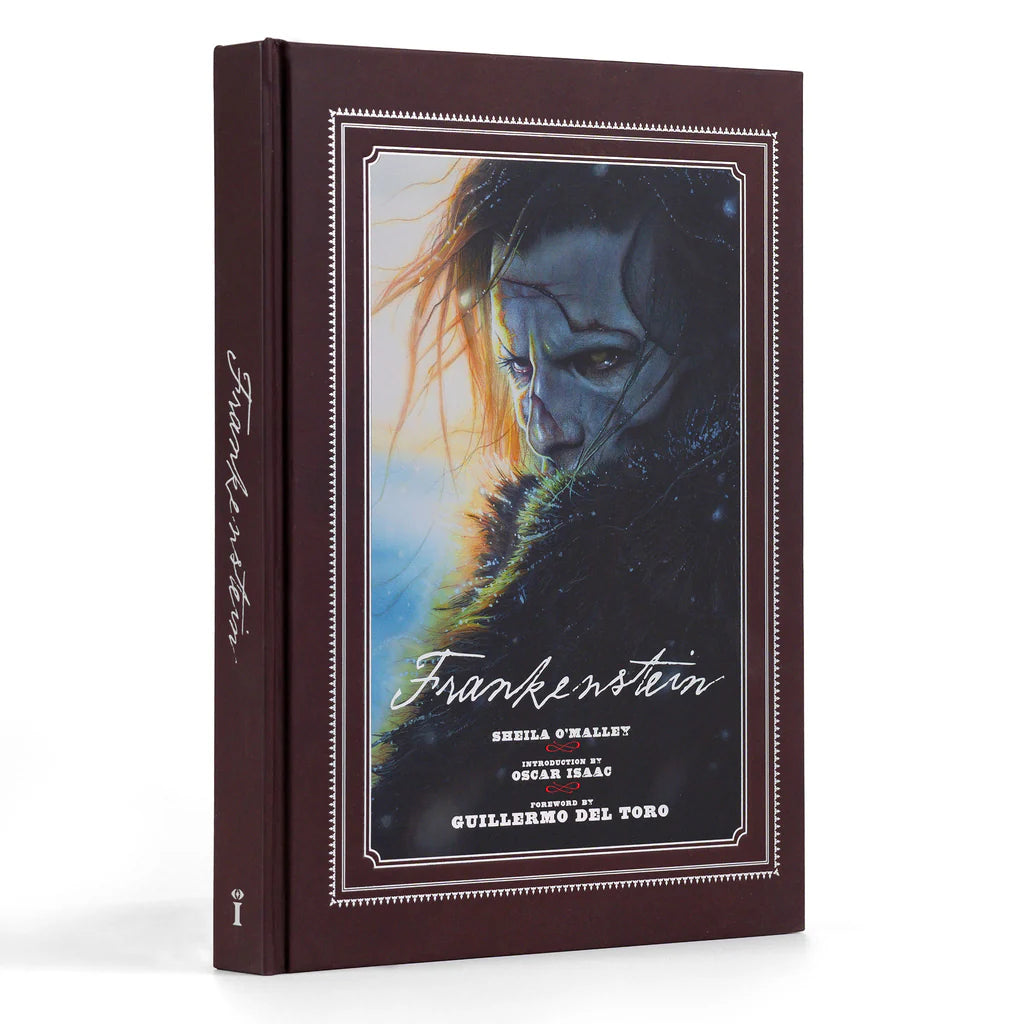 Book titled 'Frankenstein' with a cover featuring a character's face on a white background