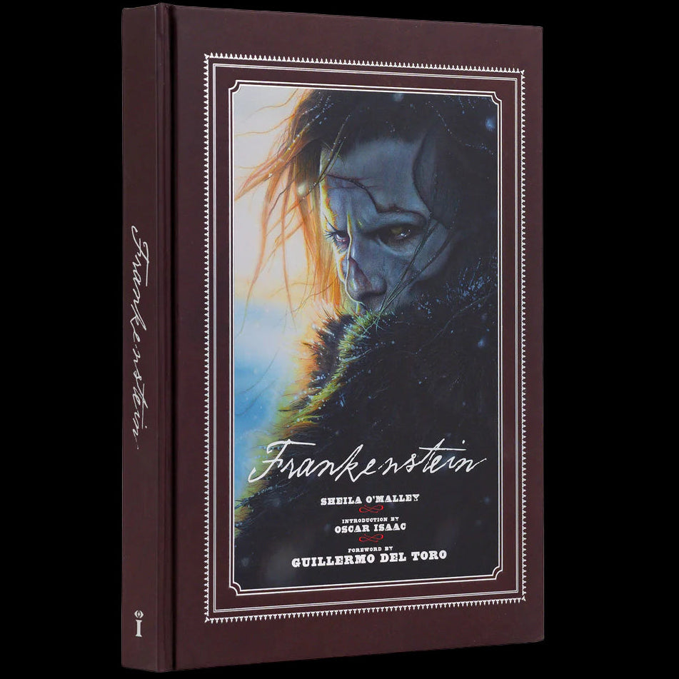 Book titled 'Frankenstein' with a cover featuring a character's face on a white background