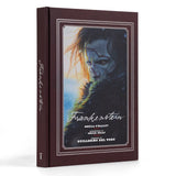 Book titled 'Frankenstein' with a cover featuring a character's face on a white background