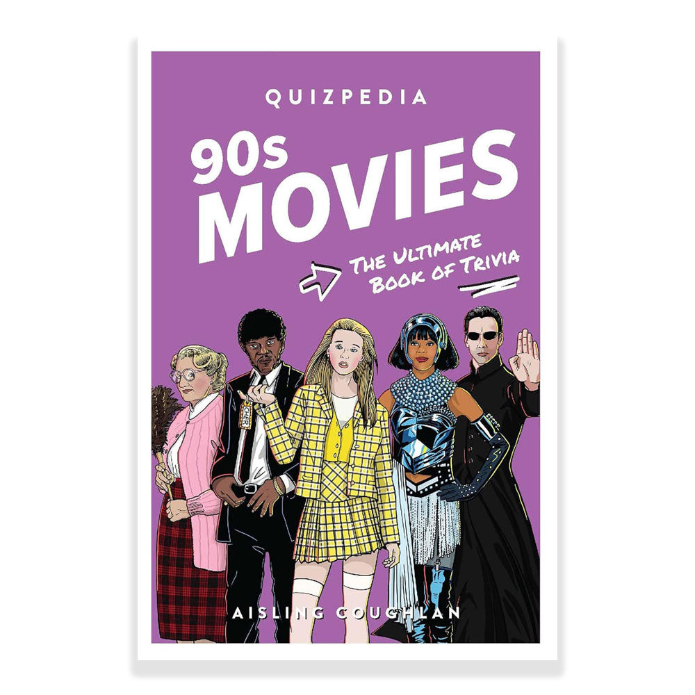Cover of '90s Movies Quizpedia: The Ultimate Book of Trivia' featuring illustrated characters from 1990s movies.