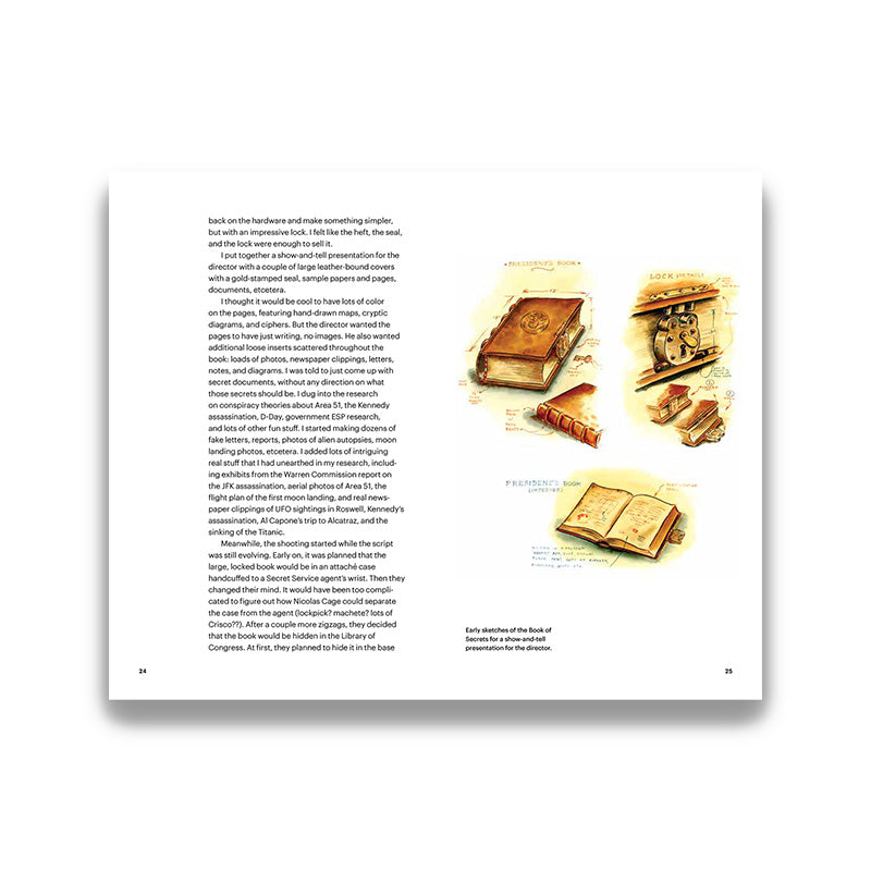 Book page with illustrations of a book and a gold object, accompanied by text.