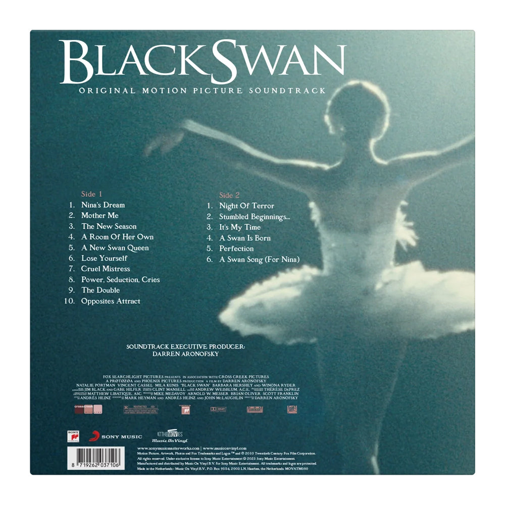 Back cover of 'Black Swan' original motion picture soundtrack with ballet dancer silhouette.