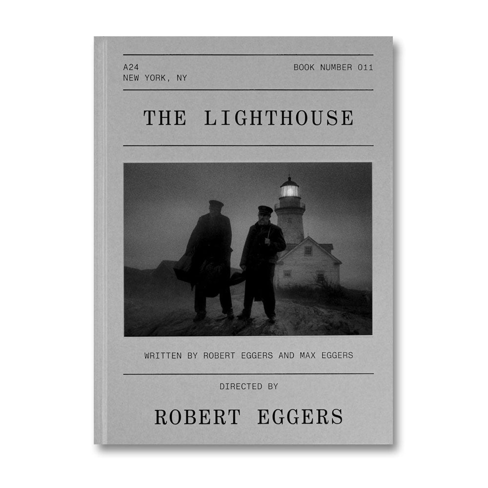 Book cover of 'The Lighthouse' with two figures and a lighthouse on a gray background