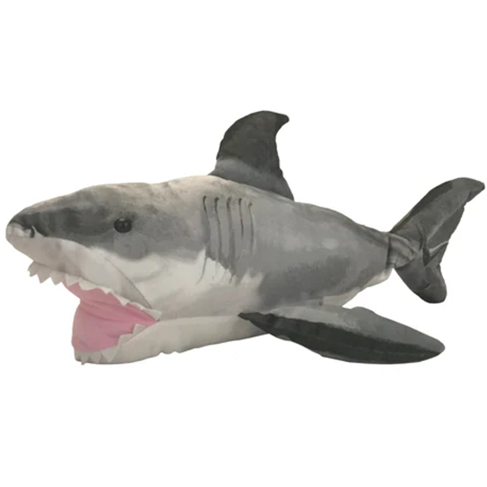 Plush Great White Shark Bruce from the movie Jaws toy with open mouth on a white background
