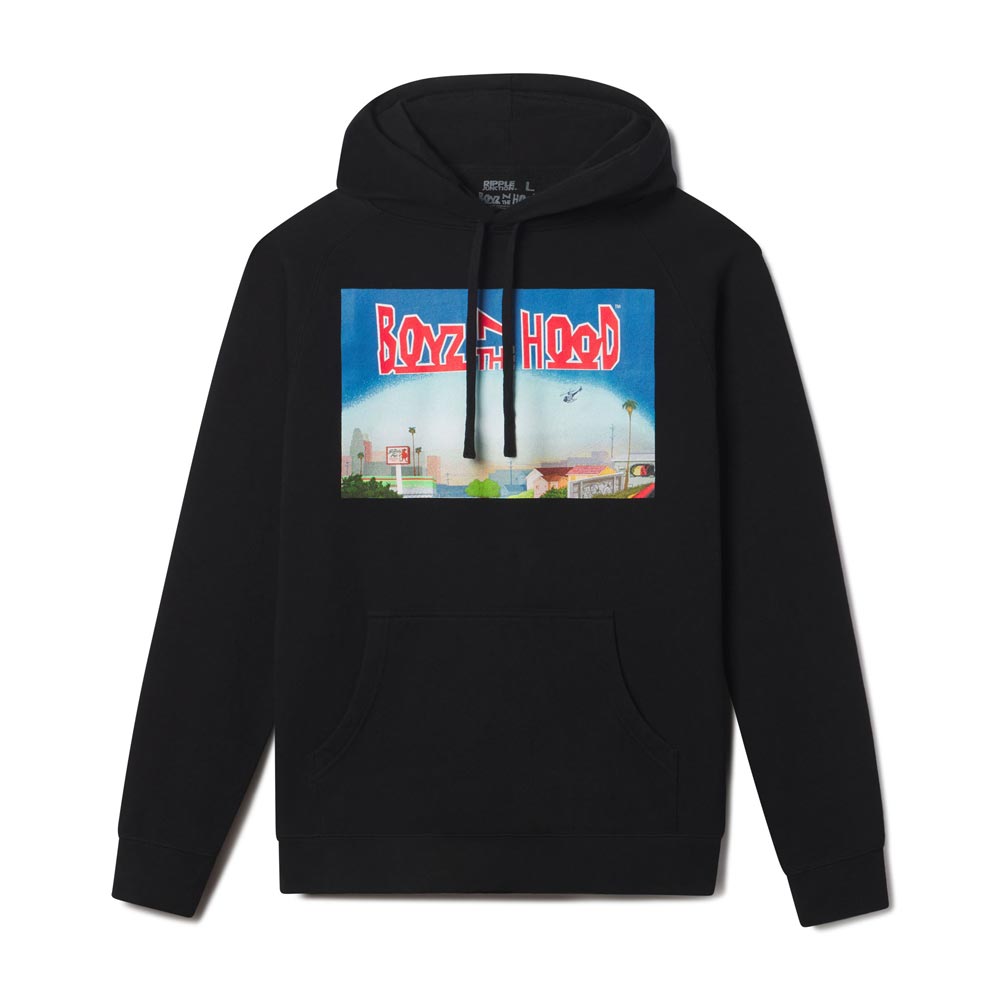 Black hoodie with a colorful graphic on the chest against a white background featuring the artwork from the movie Boyz n the hood.