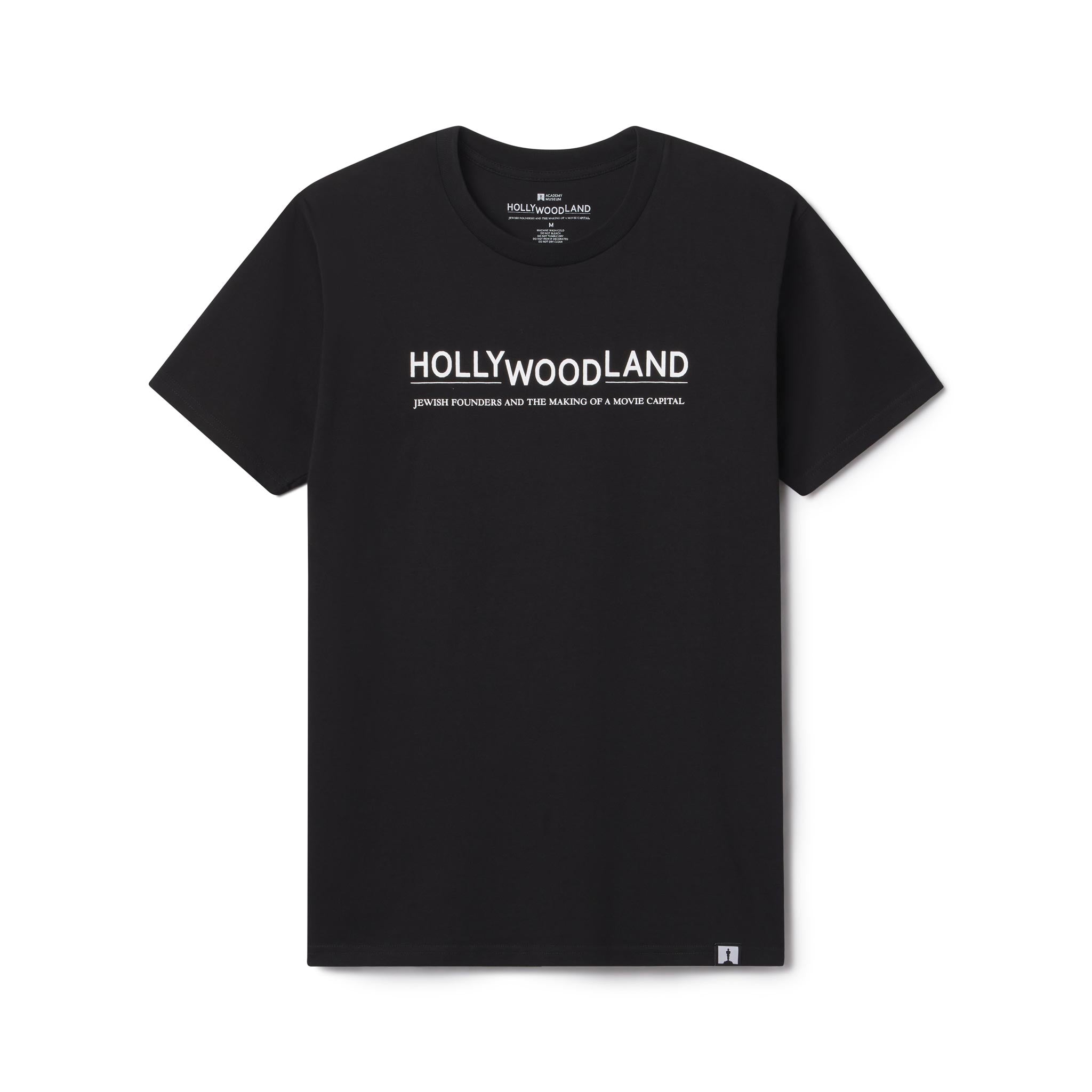 Black t-shirt with 'HOLLYWOODLAND' text on a white background The Academy Museum Los Angeles Adult Men's Women's Tshirt