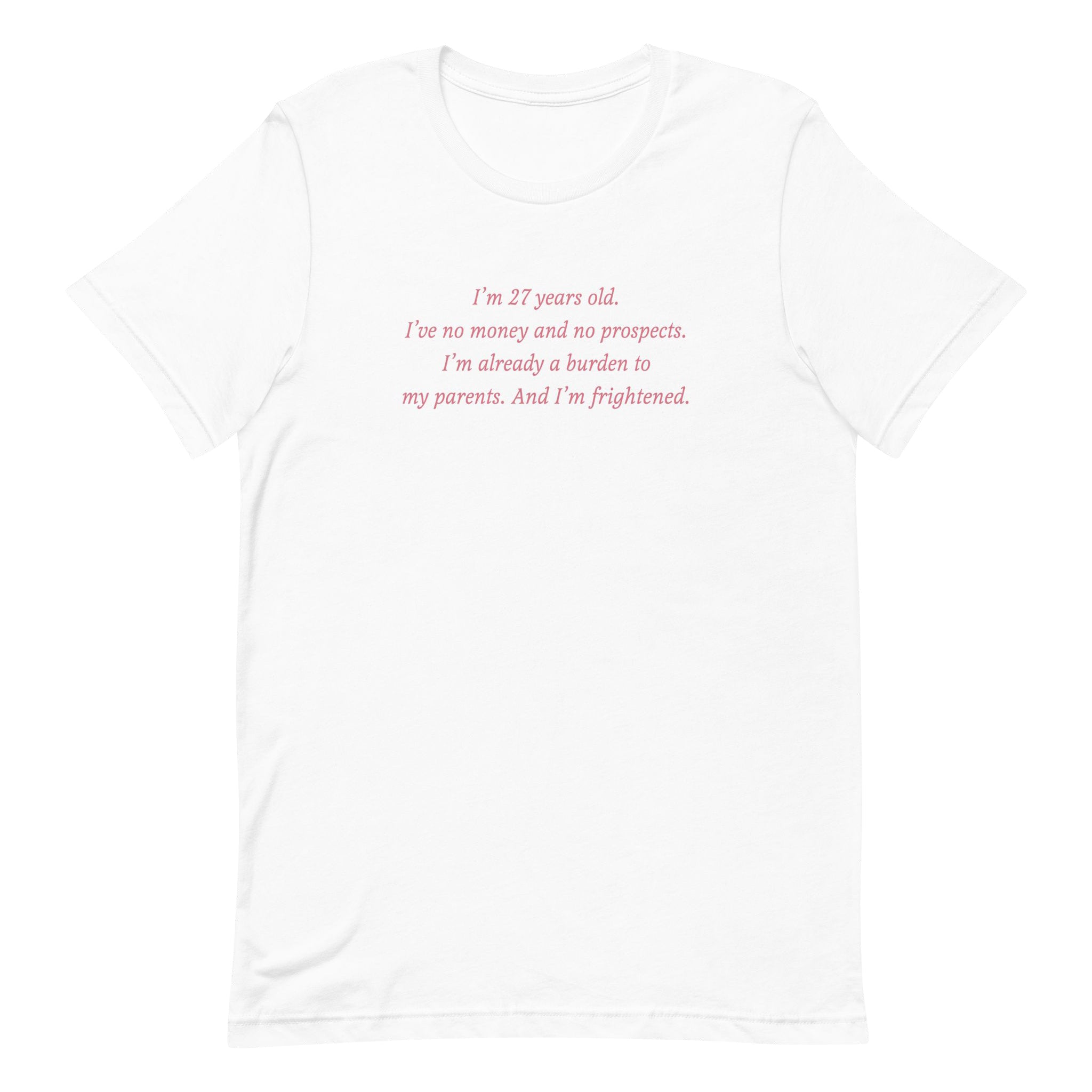 White t-shirt with red text on a white background Pride & Prejudice anniversary tee with quote from the movie.