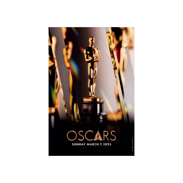 An official 97th Oscars print featuring a close-up photograph of an Oscar statuette with a blurred background of an event audience.